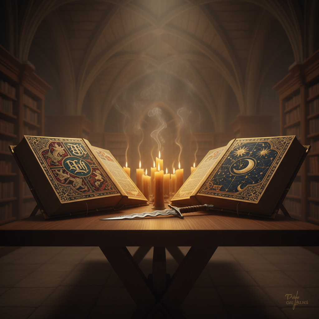 A pair of ornate, opposing manuscripts rest on a long trestle table of dark walnut, each opened to richly illuminated pages with gilded margins and bold, decorative initials that contain no legible text. Between them sits an unsheathed dagger laid flat, its patterned steel reflecting the candlelit glow from a row of beeswax tapers. Smoke curls upward, softening the scene in a cinematic haze. The vaulted stone ceiling and distant shelves are partially obscured, creating depth and mystery. Captured from a low, side-on angle, the composition forms a visual duel between the two books, evoking conflicting medieval sources and fiercely debated interpretations.