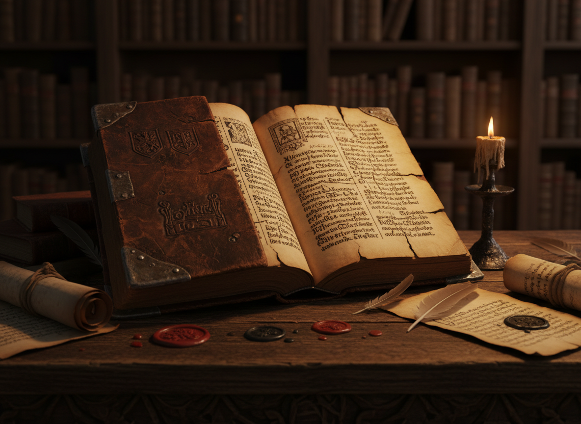 A heavy, leather-bound medieval chronicle lies open on a dark oaken table, its vellum pages warped and yellowed, illuminated by dense columns of intricate, non-readable script. Around it, scattered wax seals, broken quills, and rolled parchment hint at disputed accounts and lost testimonies. A single iron candlestick burns low beside the book, casting cinematic, warm, flickering light that carves deep shadows into the carved wood grain and the embossed spine. In the background, tall shelves of indistinct manuscripts fade into darkness. Shot at eye level with a shallow depth of field, the chronicle dominates the frame, creating an atmosphere of hushed, sophisticated inquiry and historical controversy.