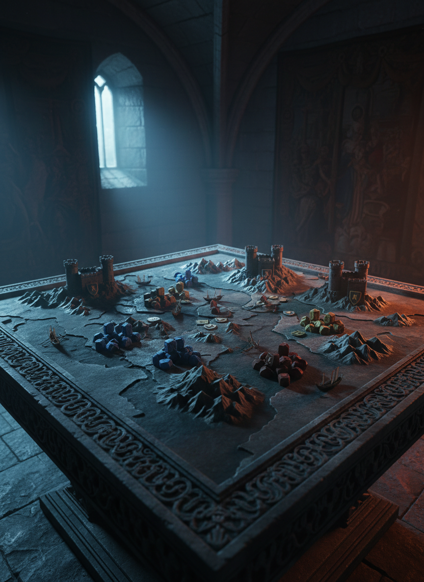 A meticulously detailed stone map table dominates a dim, vaulted chamber, its surface carved with a stylized medieval Europe bordered by miniature castles, bannerless shields, and tiny wooden ships. Different colored, unmarked tokens cluster in tense formations, implying rival interpretations of a single battle. Cold, bluish light filters through a narrow arrow-slit, while a warmer glow spills from a brazier off-frame, creating a cinematic contrast of cool and warm tones across the stone textures. Viewed from a slightly elevated angle with sharp foreground and softened background walls lined with shadowy tapestries, the composition suggests strategic debate and scholarly clash over medieval military history.