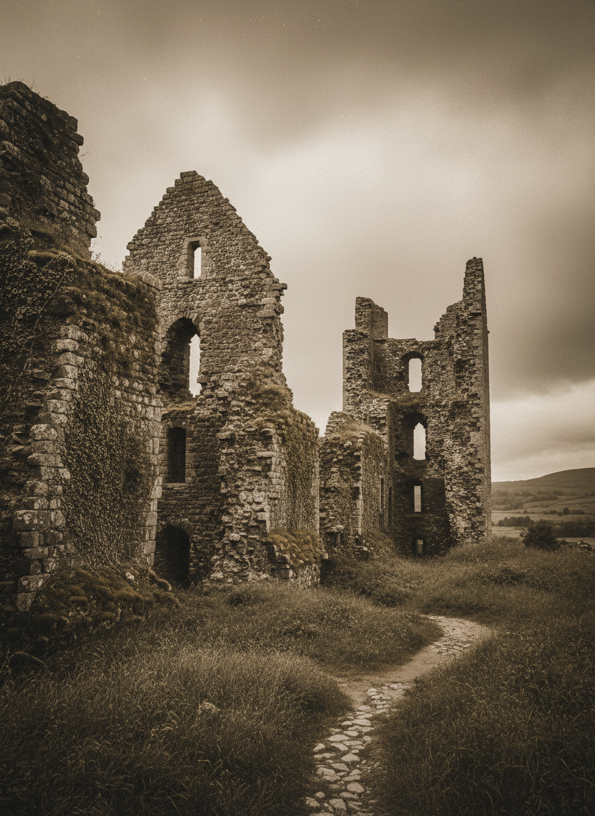 Dramatic medieval castle ruins with ancient stone walls rising against a brooding overcast sky