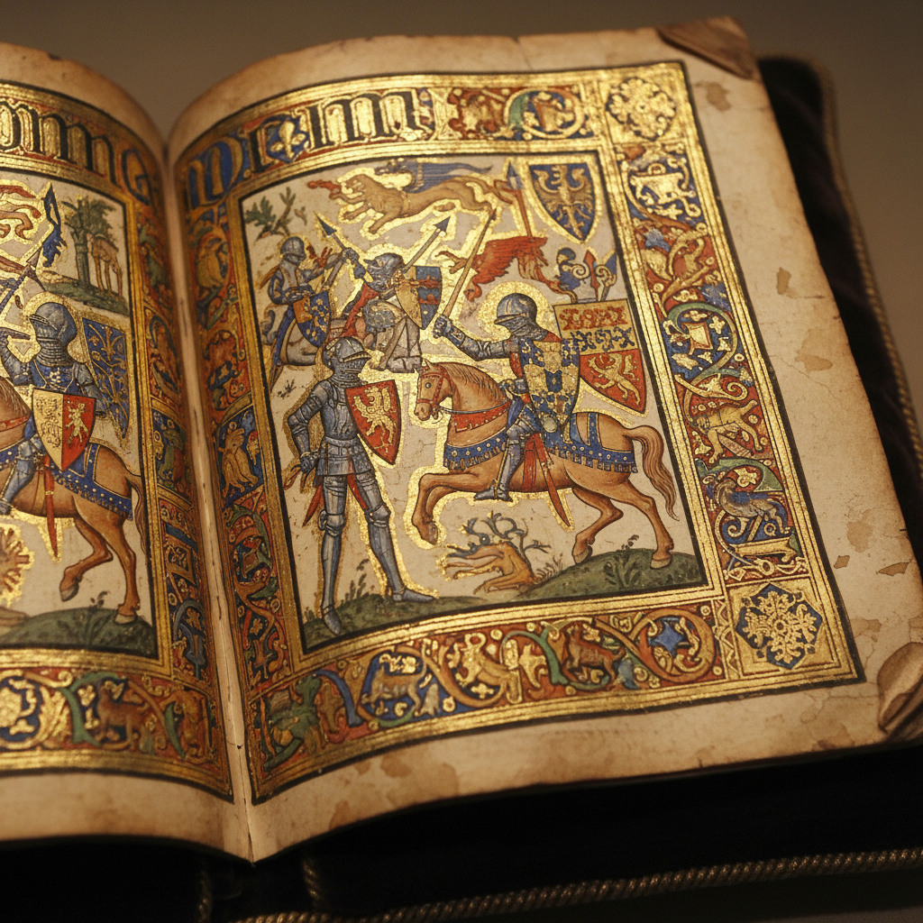 Close-up of a medieval illuminated manuscript page with gold leaf and heraldic illustrations on aged vellum