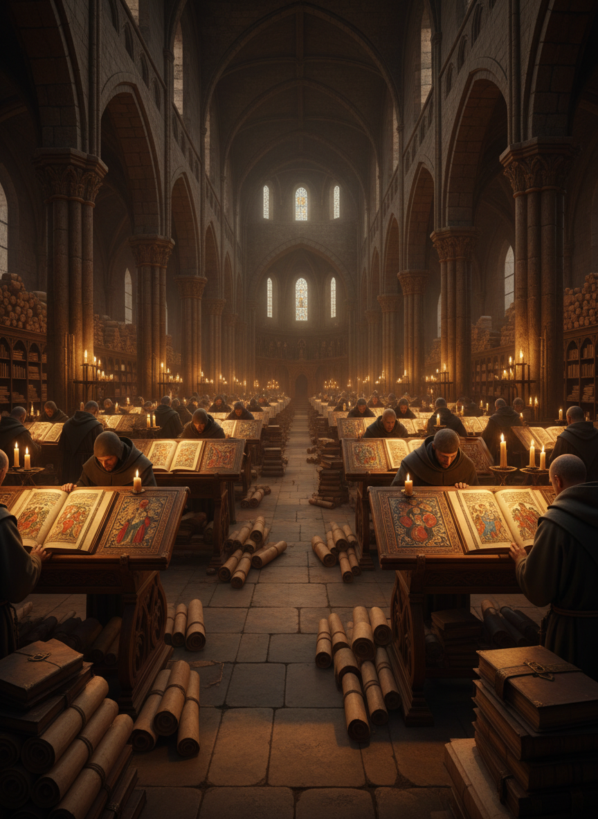 A meticulously detailed stone map table dominates a dim, vaulted chamber, its surface carved with a stylized medieval Europe bordered by miniature castles, bannerless shields, and tiny wooden ships. Different colored, unmarked tokens cluster in tense formations, implying rival interpretations of a single battle. Cold, bluish light filters through a narrow arrow-slit, while a warmer glow spills from a brazier off-frame, creating a cinematic contrast of cool and warm tones across the stone textures. Viewed from a slightly elevated angle with sharp foreground and softened background walls lined with shadowy tapestries, the composition suggests strategic debate and scholarly clash over medieval military history.